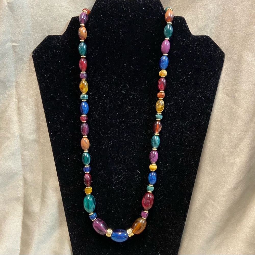 3/$20 Blue, Gold, Green, Purple, & Deep Red beads divided w/ gold flat bead neck